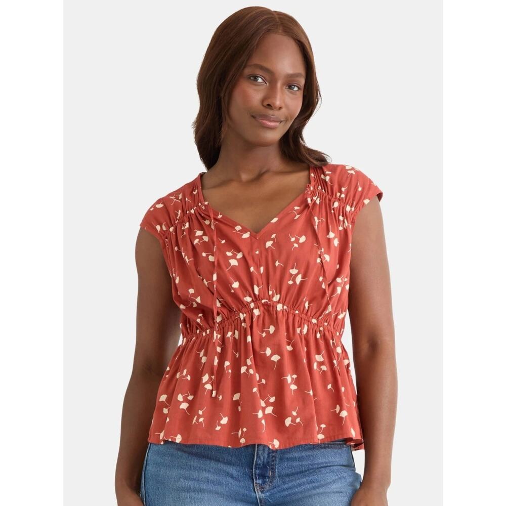 NWT Time and Tru Spade Neck Blouse Women's XS Rusty Bronze Ginkgo Leaf Pattern - Picture 2 of 13